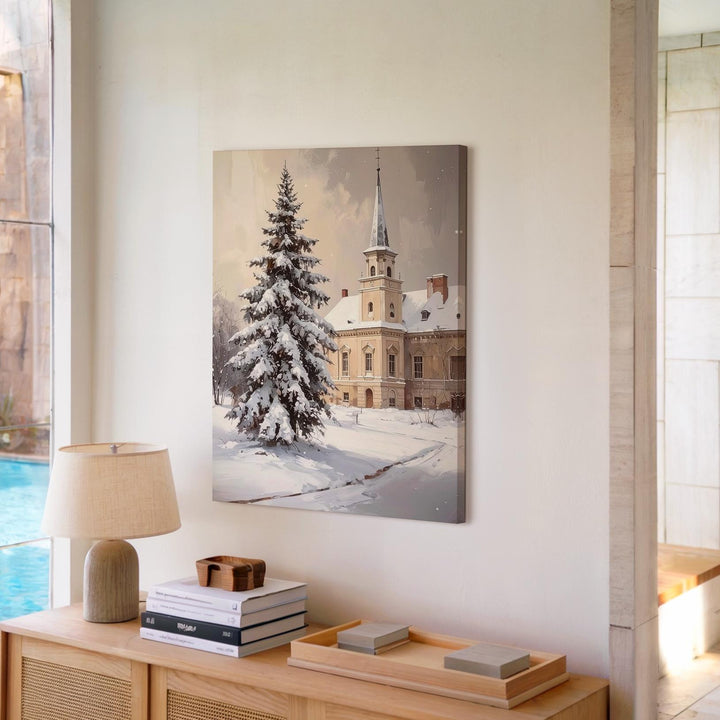 Vintage Winter Spire Canvas – Snowy Old-World Holiday Wall Art - Gifitto