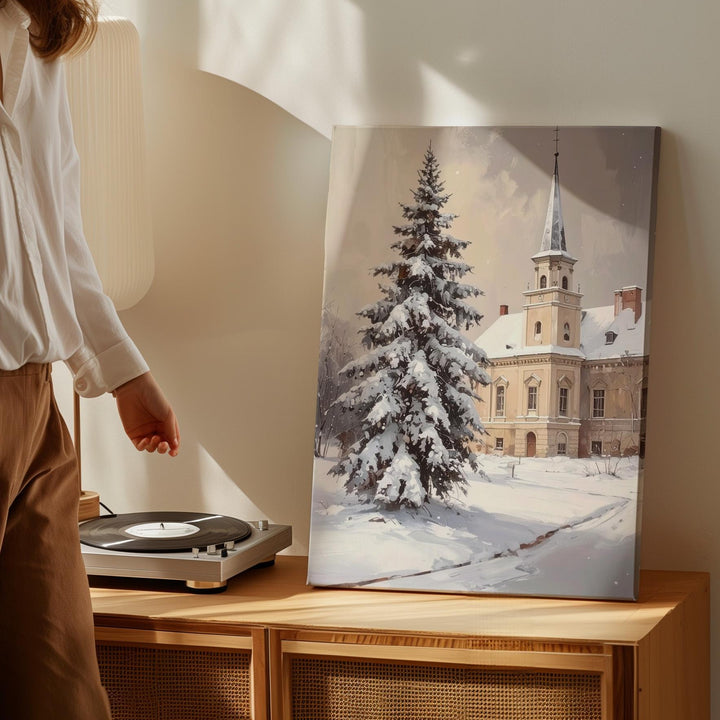 Vintage Winter Spire Canvas – Snowy Old-World Holiday Wall Art - Gifitto