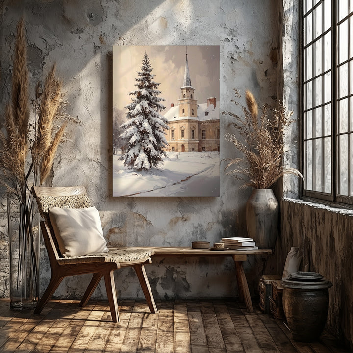 Vintage Winter Spire Canvas – Snowy Old-World Holiday Wall Art - Gifitto