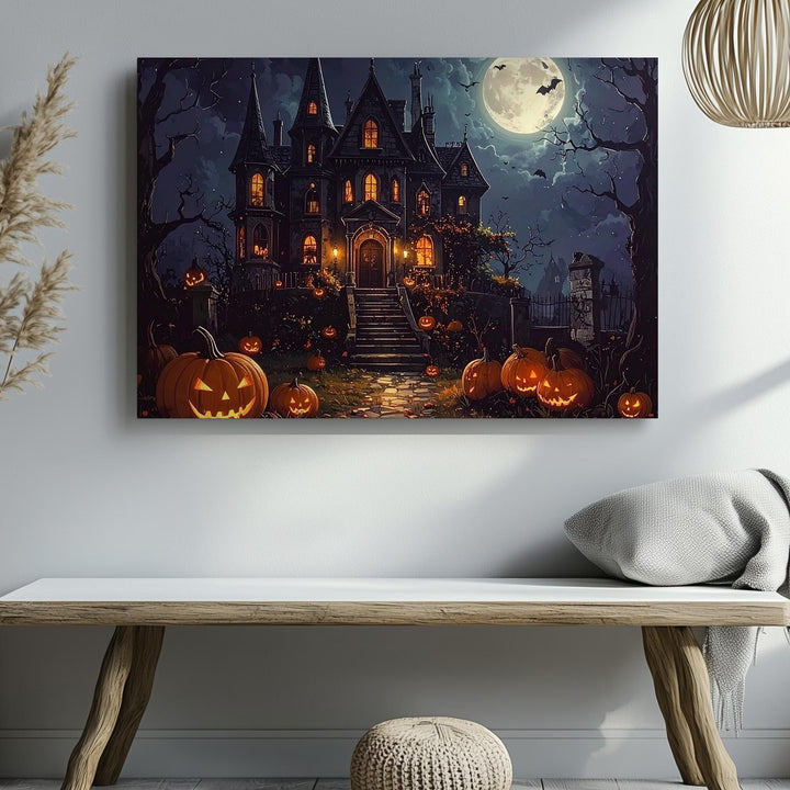 Gothic Haunted Mansion Canvas – Moonlit Halloween Fantasy Wall Art - Gifitto
