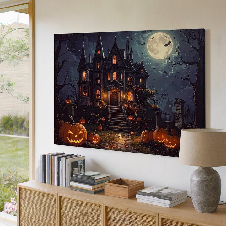 Gothic Haunted Mansion Canvas – Moonlit Halloween Fantasy Wall Art - Gifitto