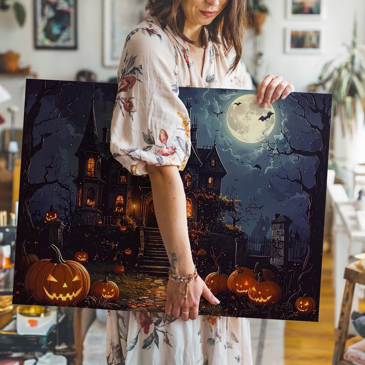 Gothic Haunted Mansion Canvas – Moonlit Halloween Fantasy Wall Art - Gifitto