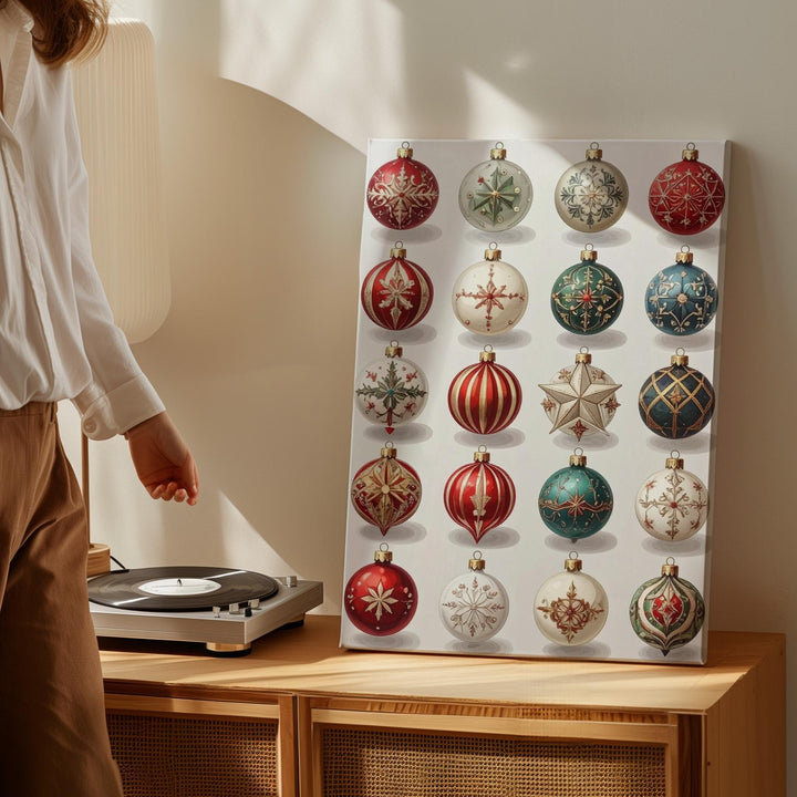 Vintage Ornament Grid Canvas – Nostalgic Christmas Wall Art with Holiday Charm - Gifitto