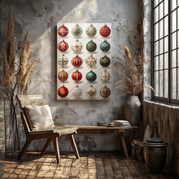Vintage Ornament Grid Canvas – Nostalgic Christmas Wall Art with Holiday Charm - Gifitto