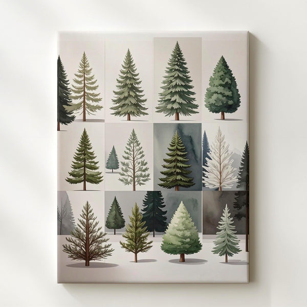 Watercolor Tree Grid Canvas – Minimalist Christmas Forest Art Collection - Gifitto