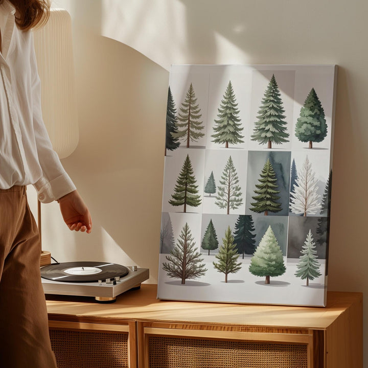 Watercolor Tree Grid Canvas – Minimalist Christmas Forest Art Collection - Gifitto