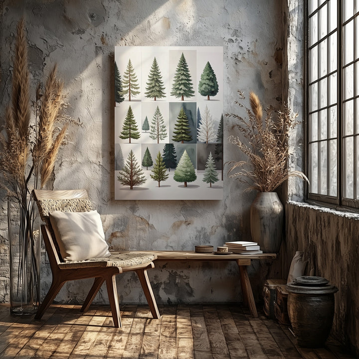 Watercolor Tree Grid Canvas – Minimalist Christmas Forest Art Collection - Gifitto