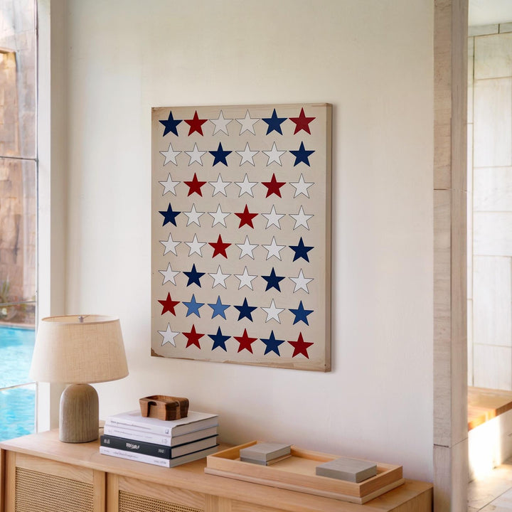 Patriotic Star Grid Canvas – Red, White & Blue on Soft Beige Background - Gifitto