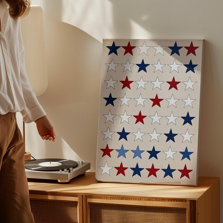 Patriotic Star Grid Canvas – Red, White & Blue on Soft Beige Background - Gifitto