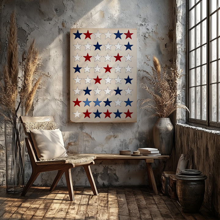 Patriotic Star Grid Canvas – Red, White & Blue on Soft Beige Background - Gifitto