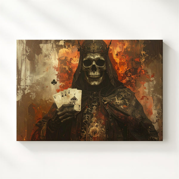 Skeletal King of Fate Canvas – Macabre Fantasy Art with Playing Cards - Gifitto