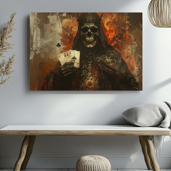 Skeletal King of Fate Canvas – Macabre Fantasy Art with Playing Cards - Gifitto