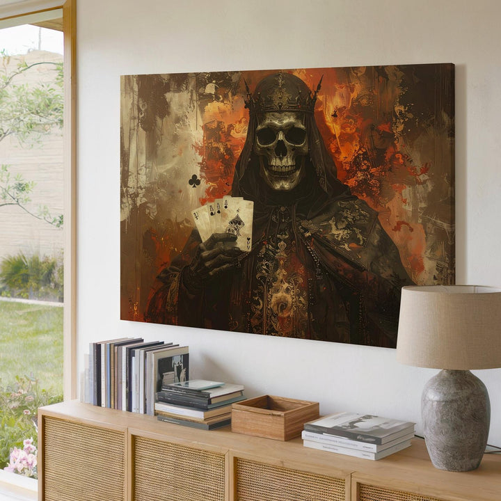 Skeletal King of Fate Canvas – Macabre Fantasy Art with Playing Cards - Gifitto