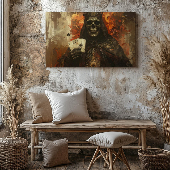 Skeletal King of Fate Canvas – Macabre Fantasy Art with Playing Cards - Gifitto
