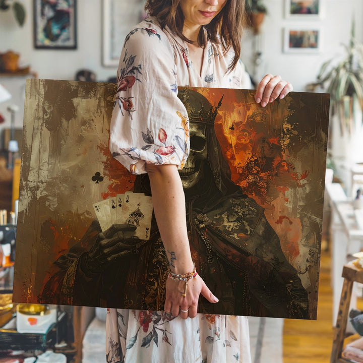 Skeletal King of Fate Canvas – Macabre Fantasy Art with Playing Cards - Gifitto