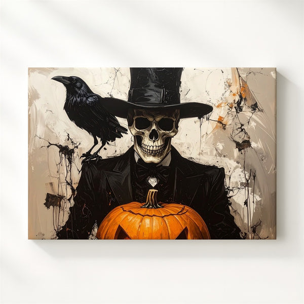 Elegant Skeleton & Crow Canvas – Monochrome Halloween Pumpkin Art - Gifitto