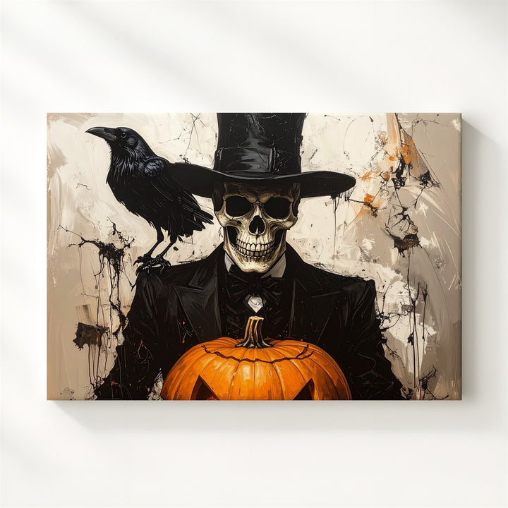 Elegant Skeleton & Crow Canvas – Monochrome Halloween Pumpkin Art - Gifitto