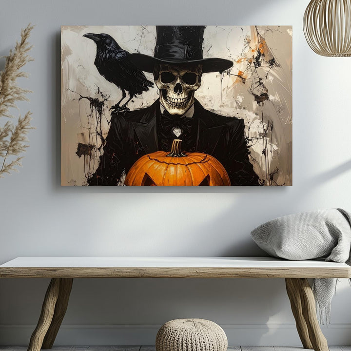 Elegant Skeleton & Crow Canvas – Monochrome Halloween Pumpkin Art - Gifitto