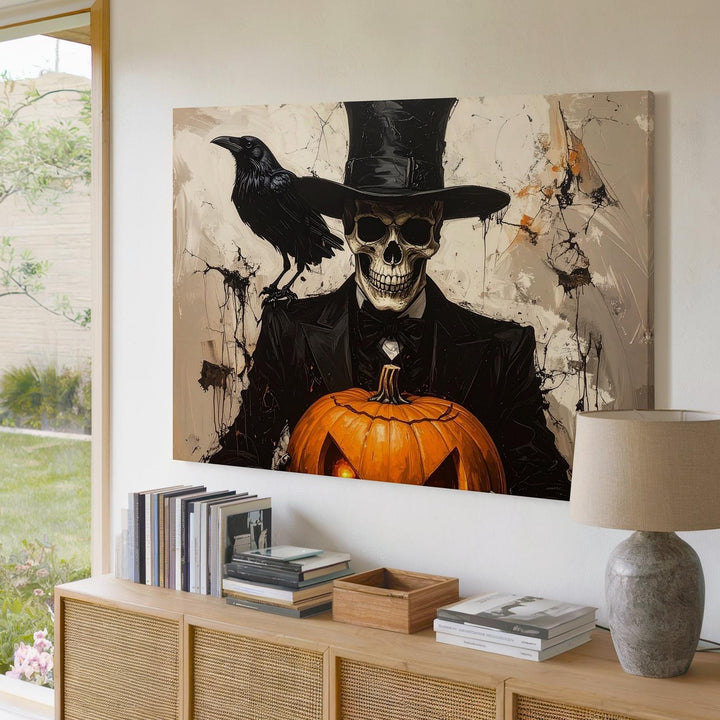 Elegant Skeleton & Crow Canvas – Monochrome Halloween Pumpkin Art - Gifitto