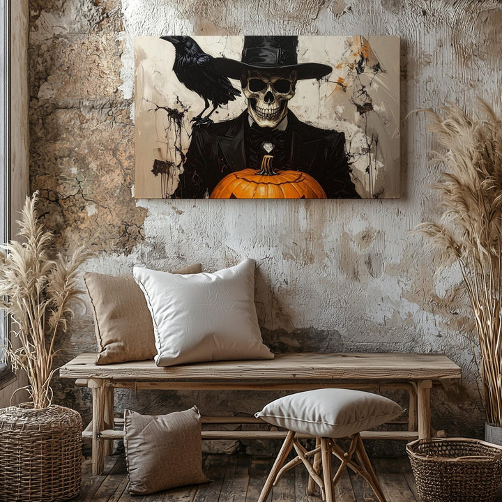 Elegant Skeleton & Crow Canvas – Monochrome Halloween Pumpkin Art - Gifitto