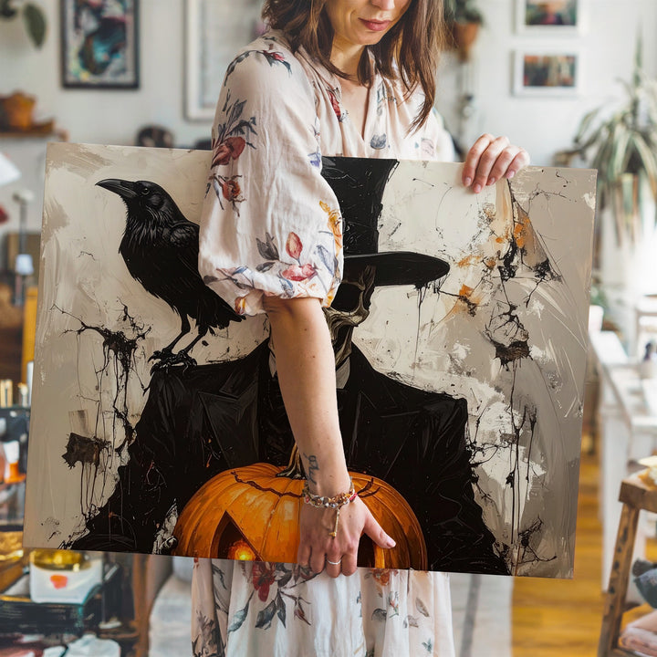 Elegant Skeleton & Crow Canvas – Monochrome Halloween Pumpkin Art - Gifitto