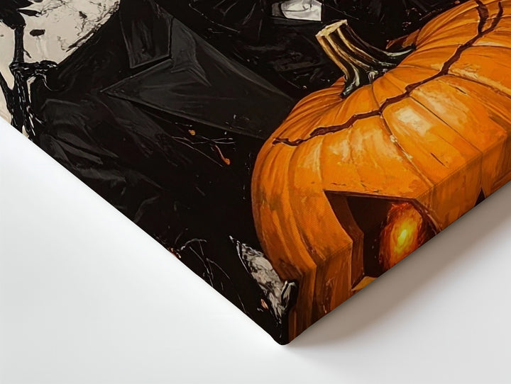 Elegant Skeleton & Crow Canvas – Monochrome Halloween Pumpkin Art - Gifitto
