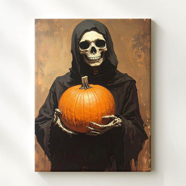 Skeleton with Pumpkin Canvas – Minimalist Ritual Halloween Wall Art - Gifitto