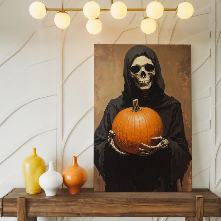 Skeleton with Pumpkin Canvas – Minimalist Ritual Halloween Wall Art - Gifitto