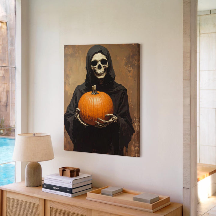 Skeleton with Pumpkin Canvas – Minimalist Ritual Halloween Wall Art - Gifitto