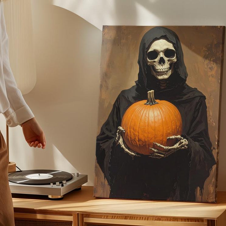 Skeleton with Pumpkin Canvas – Minimalist Ritual Halloween Wall Art - Gifitto