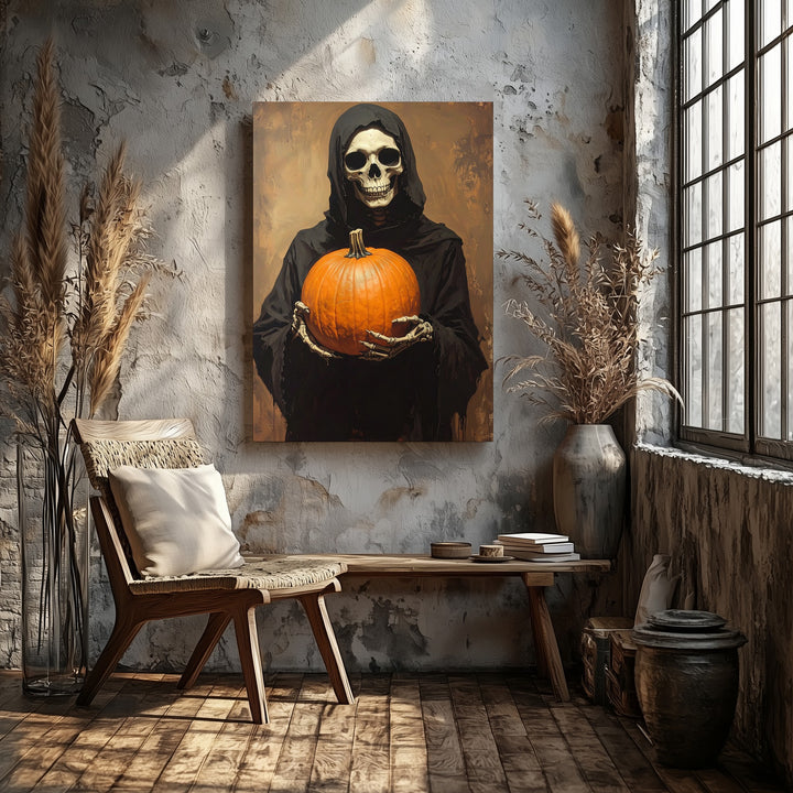 Skeleton with Pumpkin Canvas – Minimalist Ritual Halloween Wall Art - Gifitto