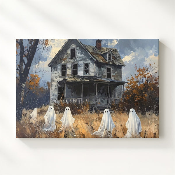 Melancholic Ghosts & Abandoned House Canvas – Quiet Halloween Memory Art - Gifitto