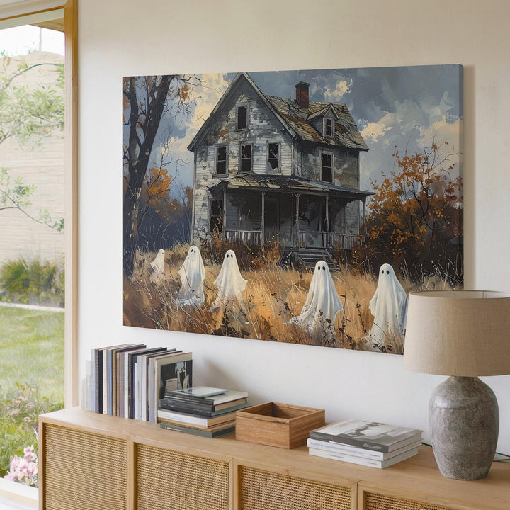 Melancholic Ghosts & Abandoned House Canvas – Quiet Halloween Memory Art - Gifitto