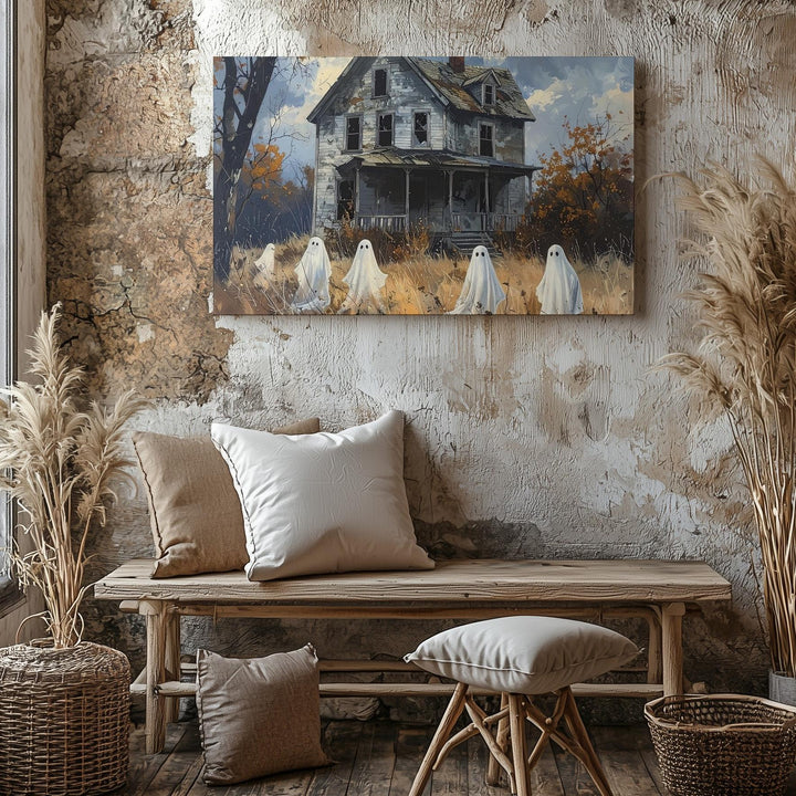 Melancholic Ghosts & Abandoned House Canvas – Quiet Halloween Memory Art - Gifitto