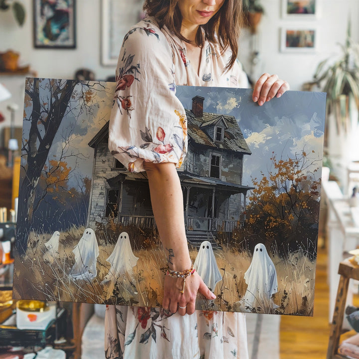 Melancholic Ghosts & Abandoned House Canvas – Quiet Halloween Memory Art - Gifitto