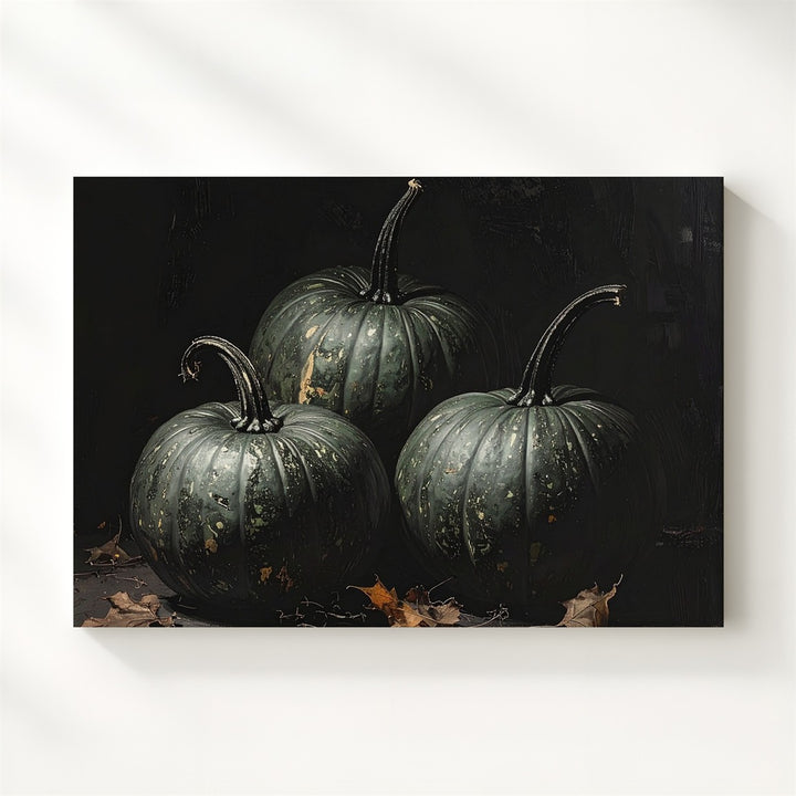 Haunted Harvest Pumpkins Canvas – Moody Green-Gray Still Life in Shadow - Gifitto