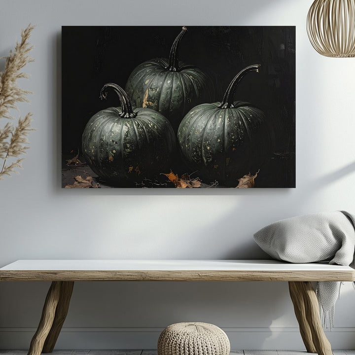 Haunted Harvest Pumpkins Canvas – Moody Green-Gray Still Life in Shadow - Gifitto