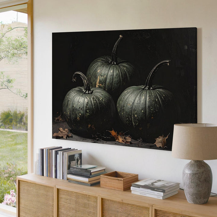 Haunted Harvest Pumpkins Canvas – Moody Green-Gray Still Life in Shadow - Gifitto