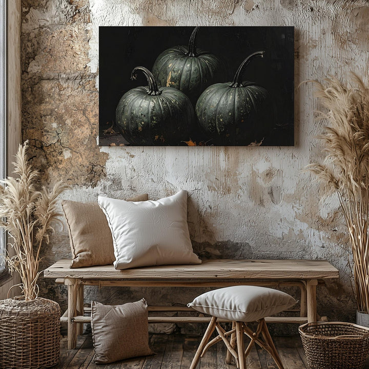 Haunted Harvest Pumpkins Canvas – Moody Green-Gray Still Life in Shadow - Gifitto