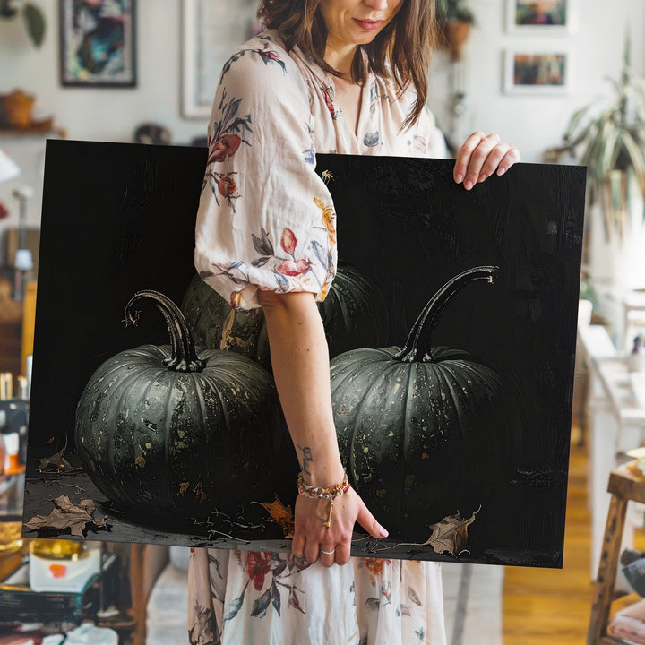 Haunted Harvest Pumpkins Canvas – Moody Green-Gray Still Life in Shadow - Gifitto