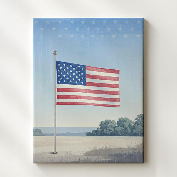 Hand-Drawn American Flag Canvas – Soft Red & Blue on Light Pinstripes - Gifitto