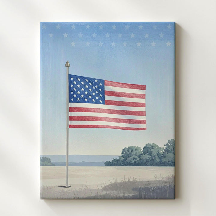 Hand-Drawn American Flag Canvas – Soft Red & Blue on Light Pinstripes - Gifitto