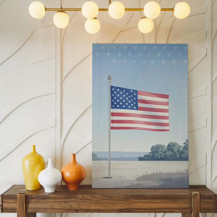 Hand-Drawn American Flag Canvas – Soft Red & Blue on Light Pinstripes - Gifitto