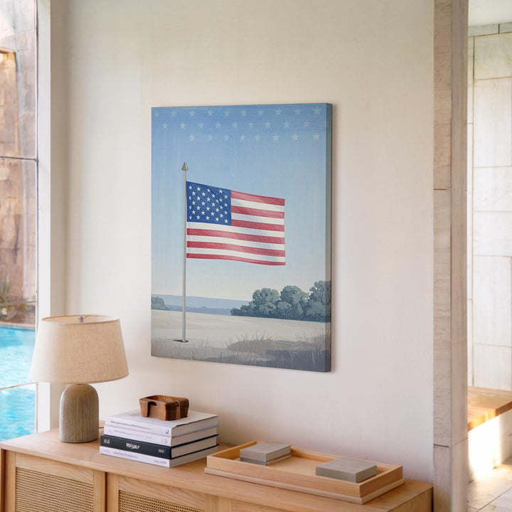 Hand-Drawn American Flag Canvas – Soft Red & Blue on Light Pinstripes - Gifitto