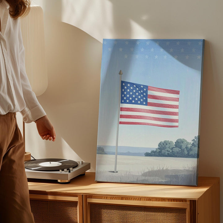 Hand-Drawn American Flag Canvas – Soft Red & Blue on Light Pinstripes - Gifitto