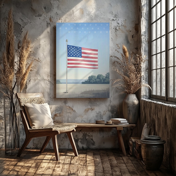 Hand-Drawn American Flag Canvas – Soft Red & Blue on Light Pinstripes - Gifitto