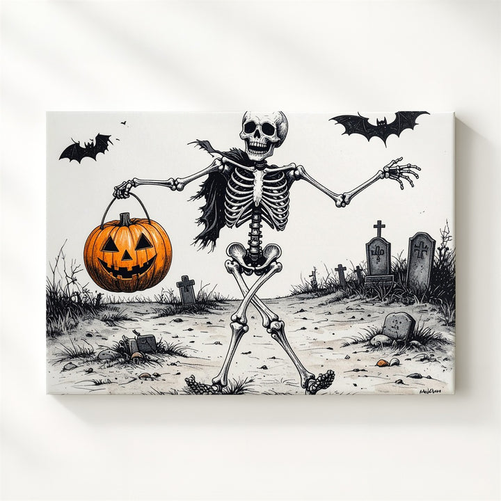 Dancing Skeleton with Pumpkin Basket – Whimsical Graveyard Halloween Canvas - Gifitto