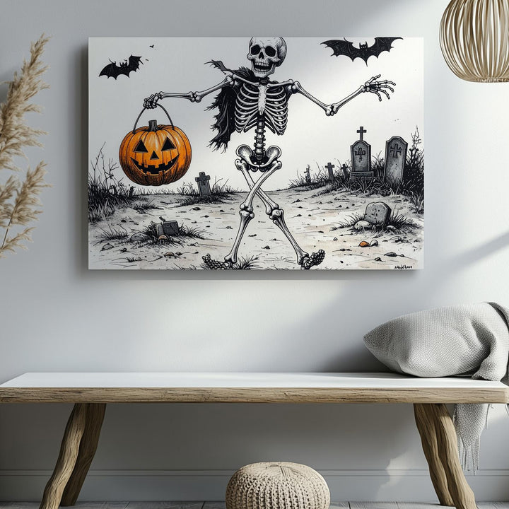 Dancing Skeleton with Pumpkin Basket – Whimsical Graveyard Halloween Canvas - Gifitto