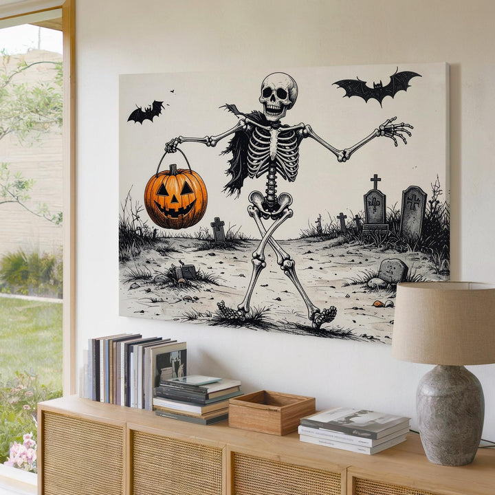 Dancing Skeleton with Pumpkin Basket – Whimsical Graveyard Halloween Canvas - Gifitto