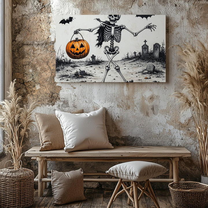 Dancing Skeleton with Pumpkin Basket – Whimsical Graveyard Halloween Canvas - Gifitto